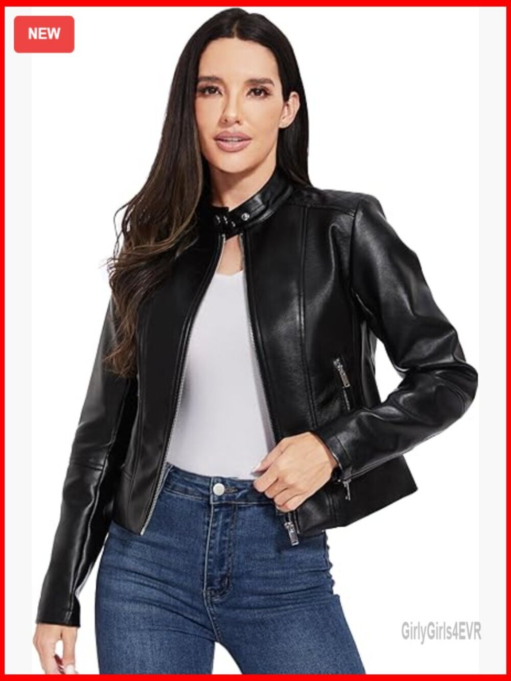 Faux Leather Cropped Motorcycle Jacket, Regular Fit, Long Sleeve, Utility